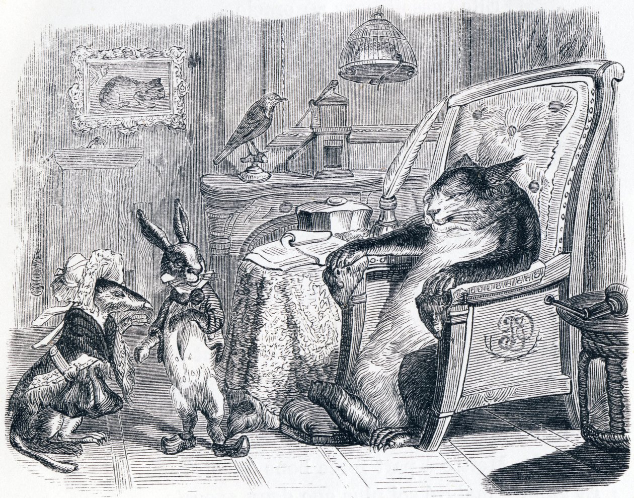 Die Katze, das Wiesel und das kleine Kaninchen - Fabeln von La Fontaine von Grandville