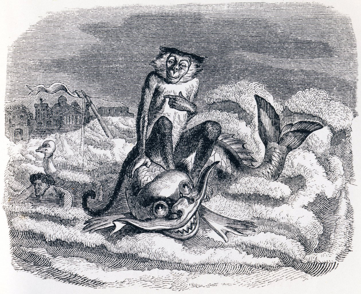Der Affe und der Delfin - Fabeln von La Fontaine von Grandville
