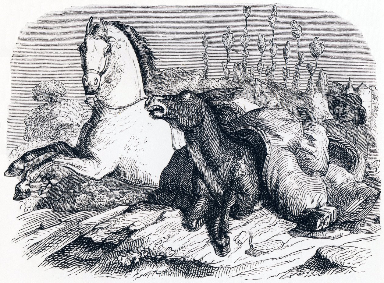 Das Pferd und der Esel - Fabeln von La Fontaine von Grandville