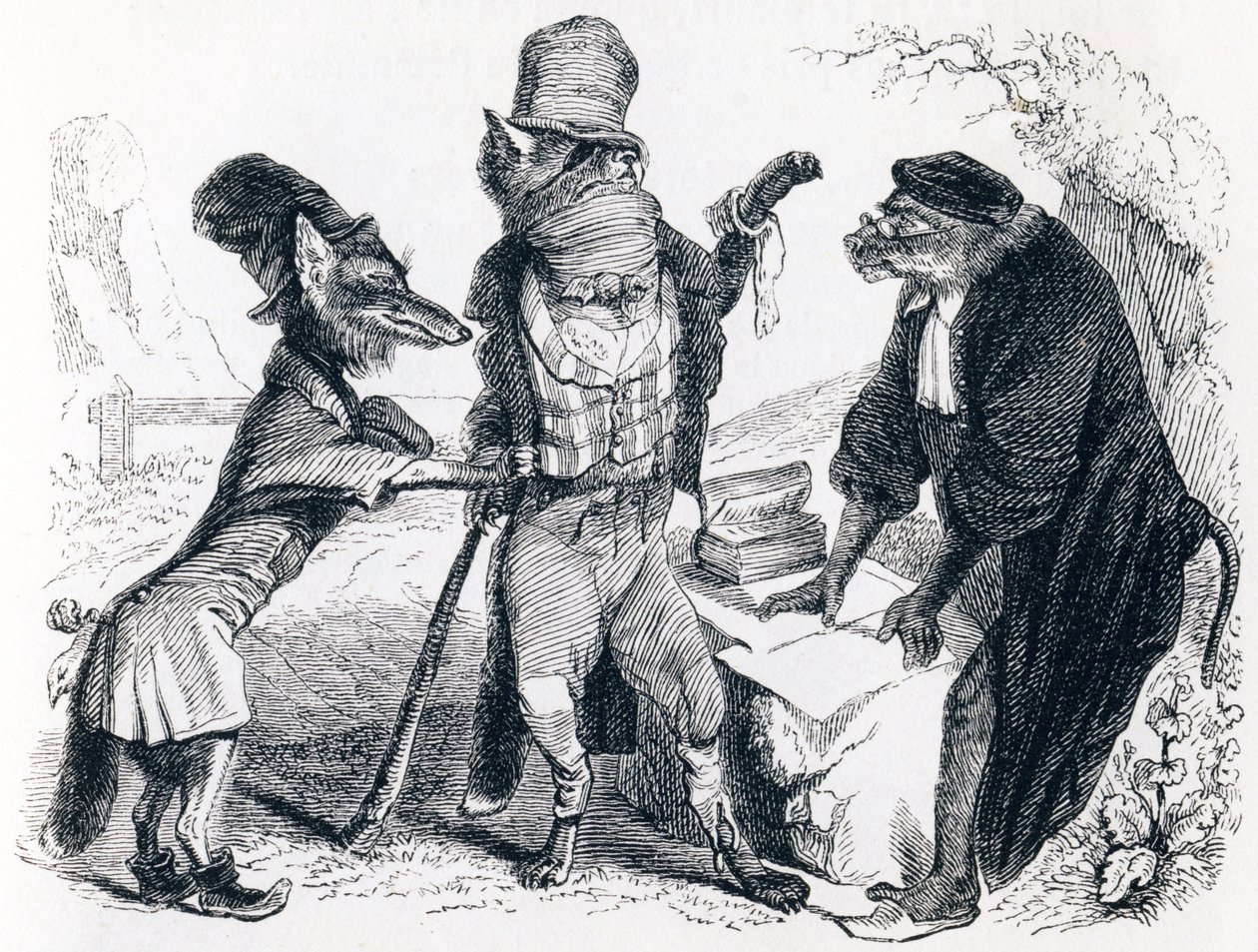 Der Wolf klagt gegen den Fuchs vor dem Affen - Fabeln von La Fontaine von Grandville
