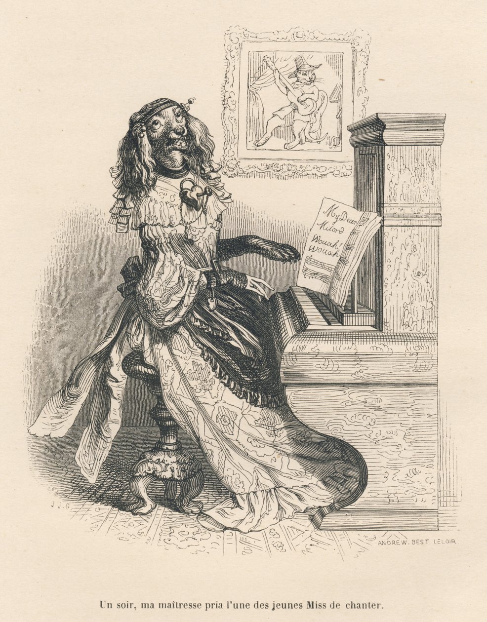 Ein Hund singt am Klavier. Illustrierte Vignetten von JJ Granville. Gravur signiert Andrew, Best und Leloir im Teil "Gerichtsschmerzen einer englischen Katze" geschrieben von Honoré de Balzac in "Szenen aus dem privaten und öffentlichen Leben der Tiere". P von Grandville