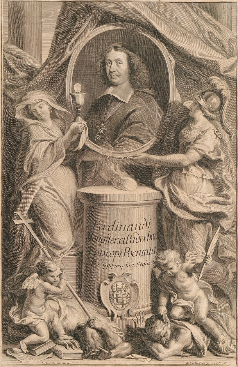 Zwei weibliche Gestalten, Religion und Weisheit, halten das Brustbild Ferdinands von Fürstenberg, während zu ihren Füßen ihre Genien Häresie und Unwissenheit zu Boden treten. von Gérard Edelinck