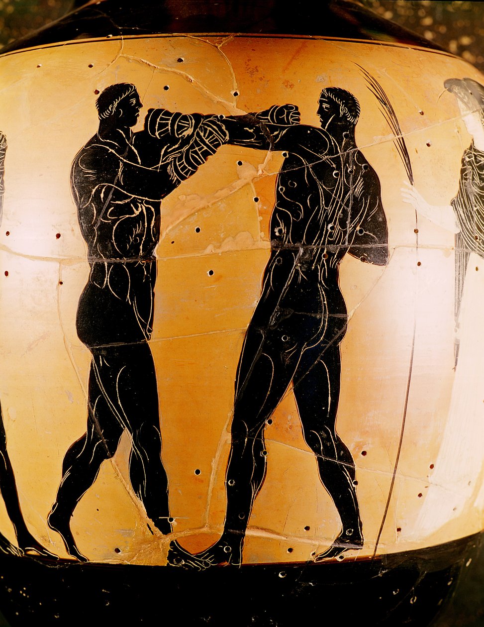 Schwarzfigurige Panathenäische Amphore zeigt einen Boxkampf, ca. 336 v. Chr. (Keramik) von Greek
