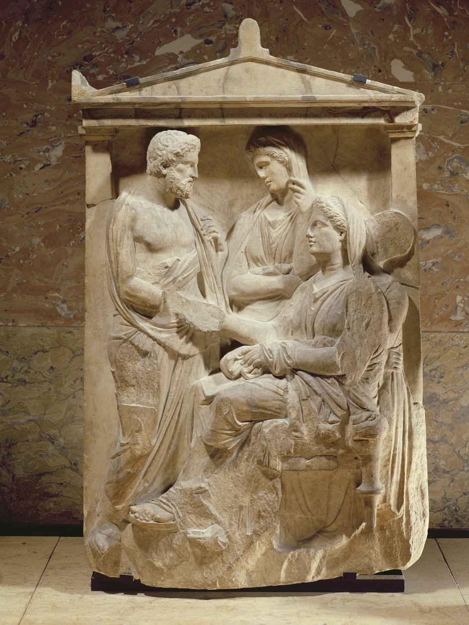 Phainippos und Mnesarete Grabstein zeigt Familienzusammenführung und Händedruck, Attische Periode, ca. 350 v. Chr. (Marmor) von Greek