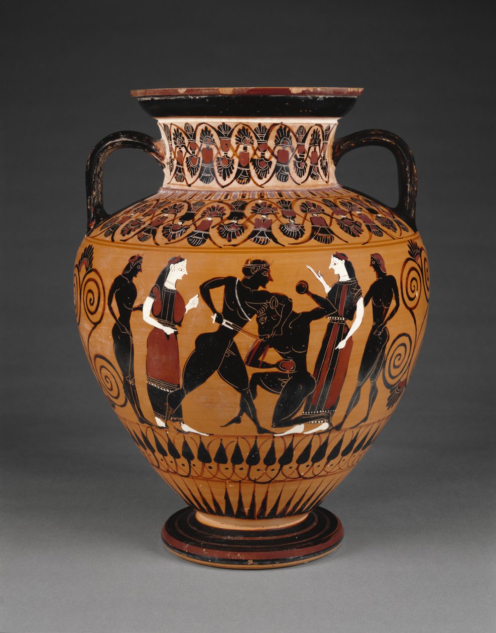 Attische schwarzfigurige Halsamphore mit Theseus, der den Minotaurus tötet, ca. 550 v. Chr. (Terrakotta) von Greek