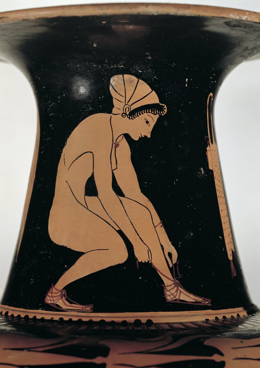 Kauernde Frau, die ihre Sandale bindet (Detail) von Greek