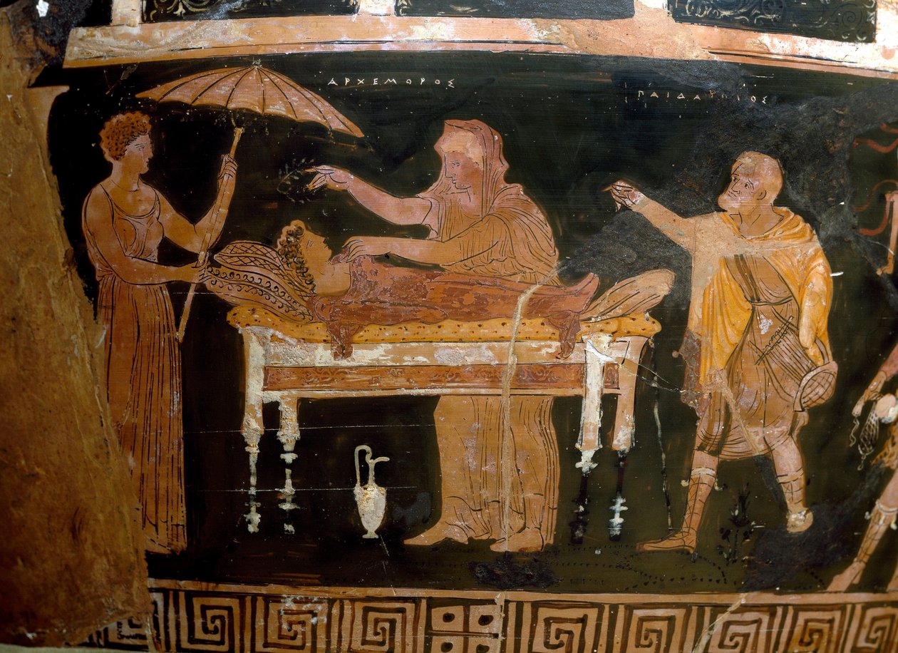 Griechische Kunst: Vase von Arhemore: das Begräbnis von Arhemore (Opheltes), Gemälde des Malers von Darius, aus Ruvo, 4. Jahrhundert v. Chr. von Greek