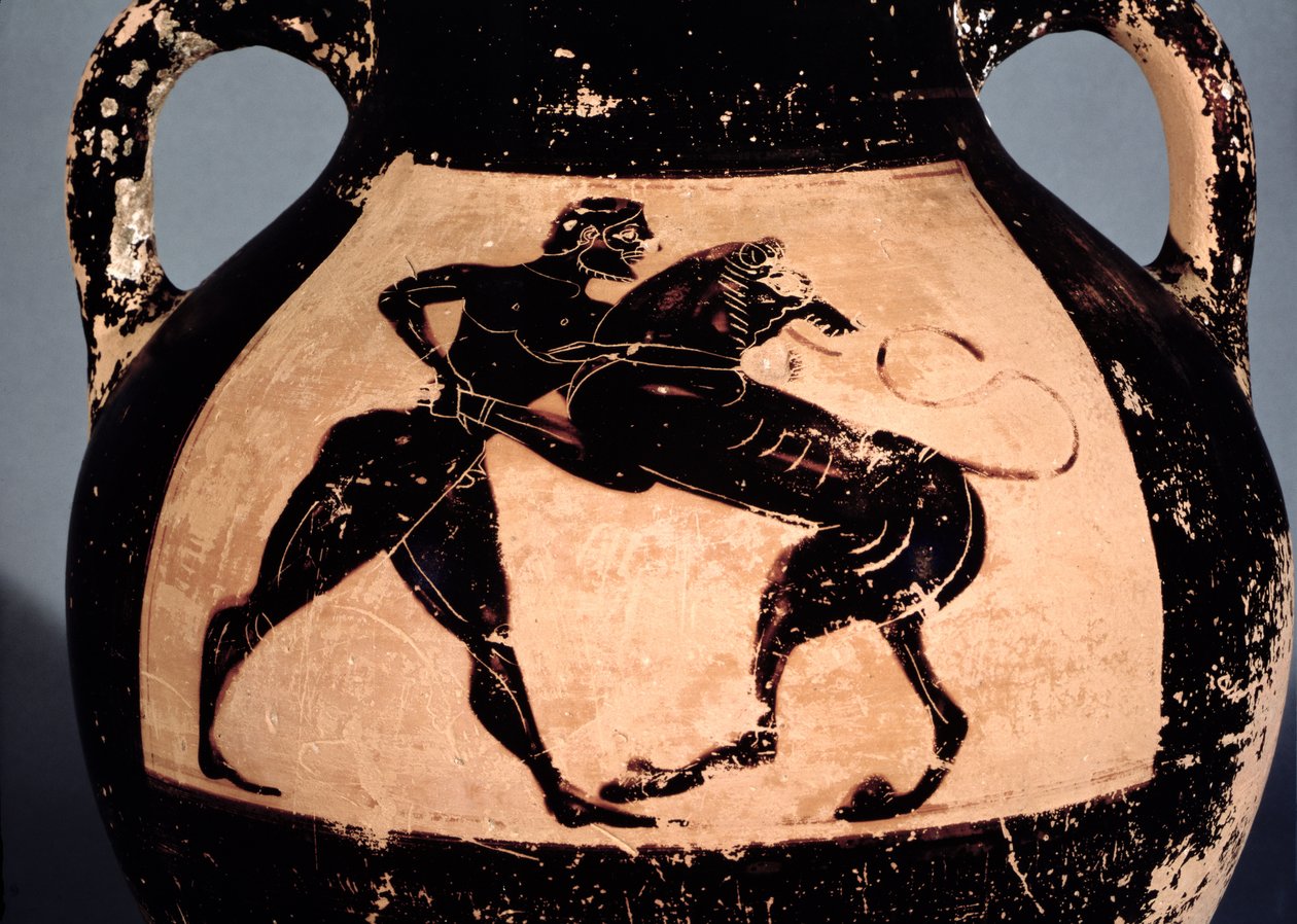 Herakles kämpft mit dem nemeischen Löwen, Detail von einer attischen schwarzfigurigen Amphore von Greek