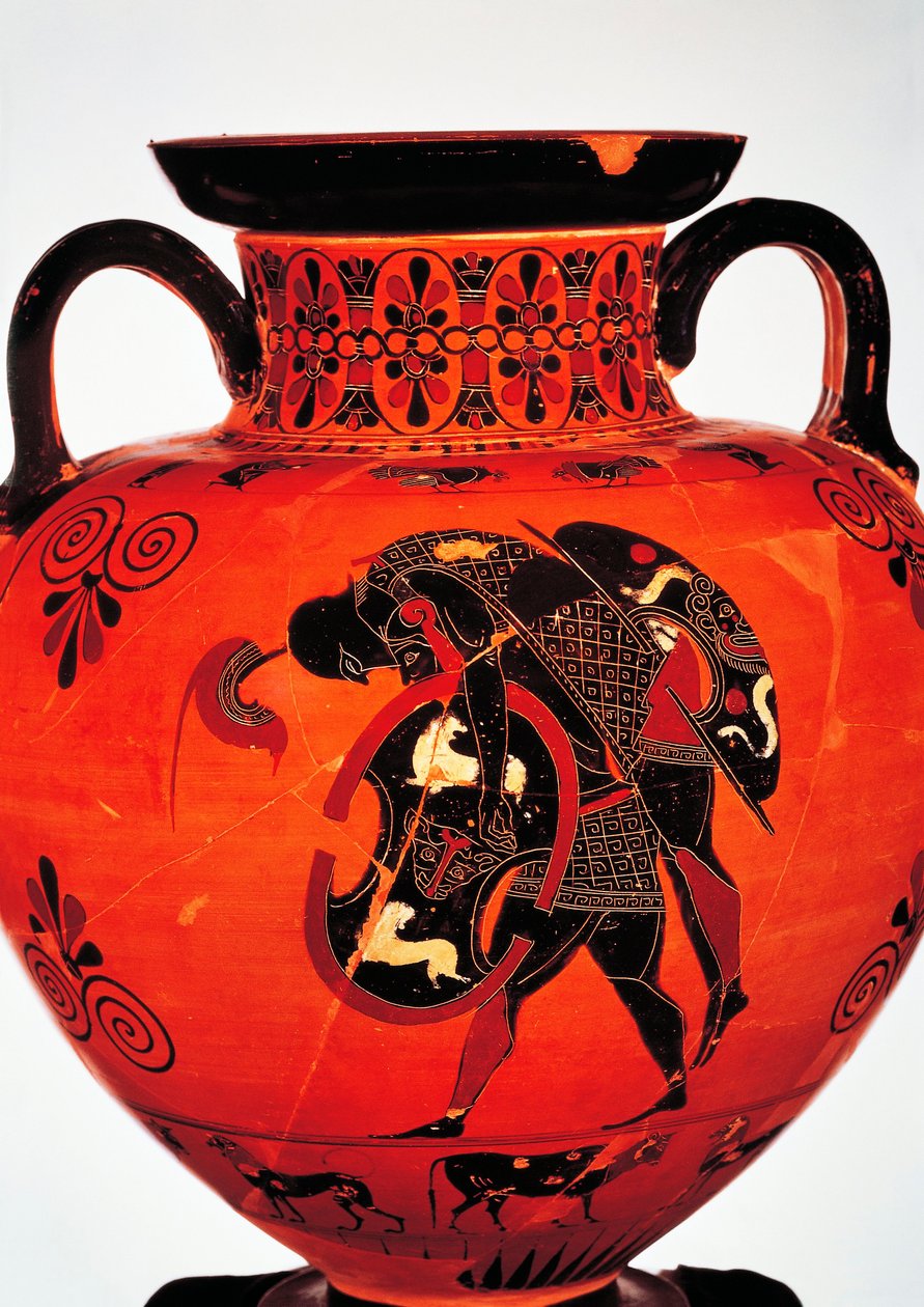 Griechische Zivilisation, 6. Jahrhundert v. Chr. Schwarzfigurige Keramik. Amphore, die Ajax zeigt, wie er den Körper von Achilles trägt. von Greek School