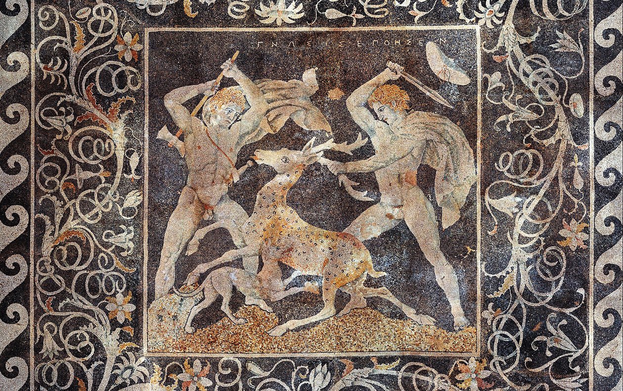 Hirschjagd-Mosaik, Alexander der Große und Hephaestion, Pella, Griechenland, 330-300 v. Chr. von Greek School