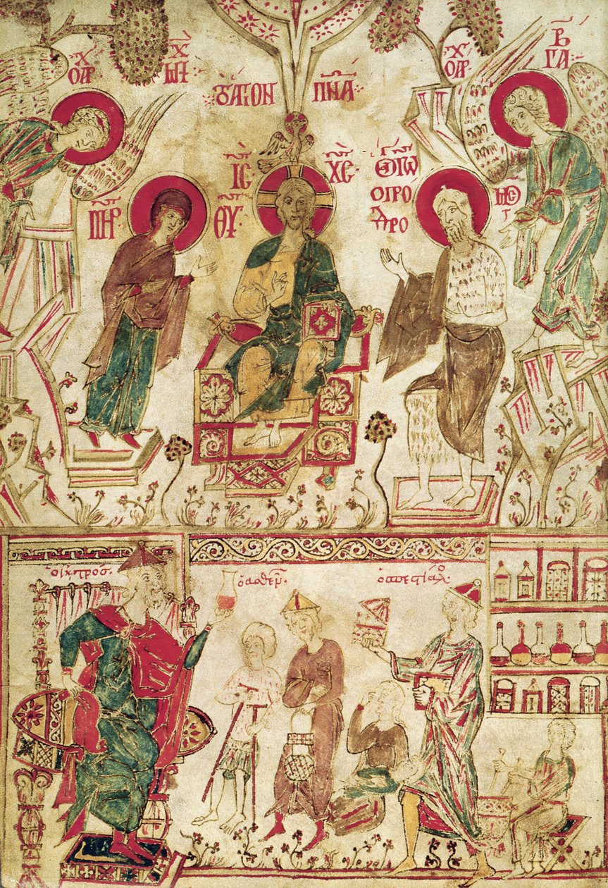 Der byzantinische Arzt Myrepsos empfängt die Patienten, aus einem griechischen Manuskript, 13. Jahrhundert von Greek School