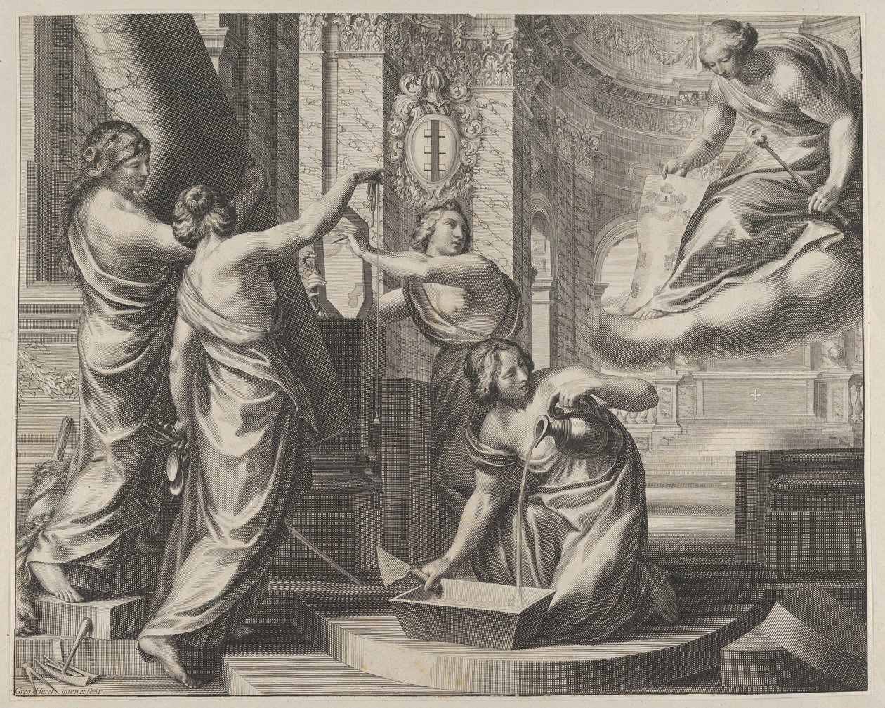 Allegorische Komposition mit Figuren, die nach einem architektonischen Plan arbeiten von Gregoire Huret