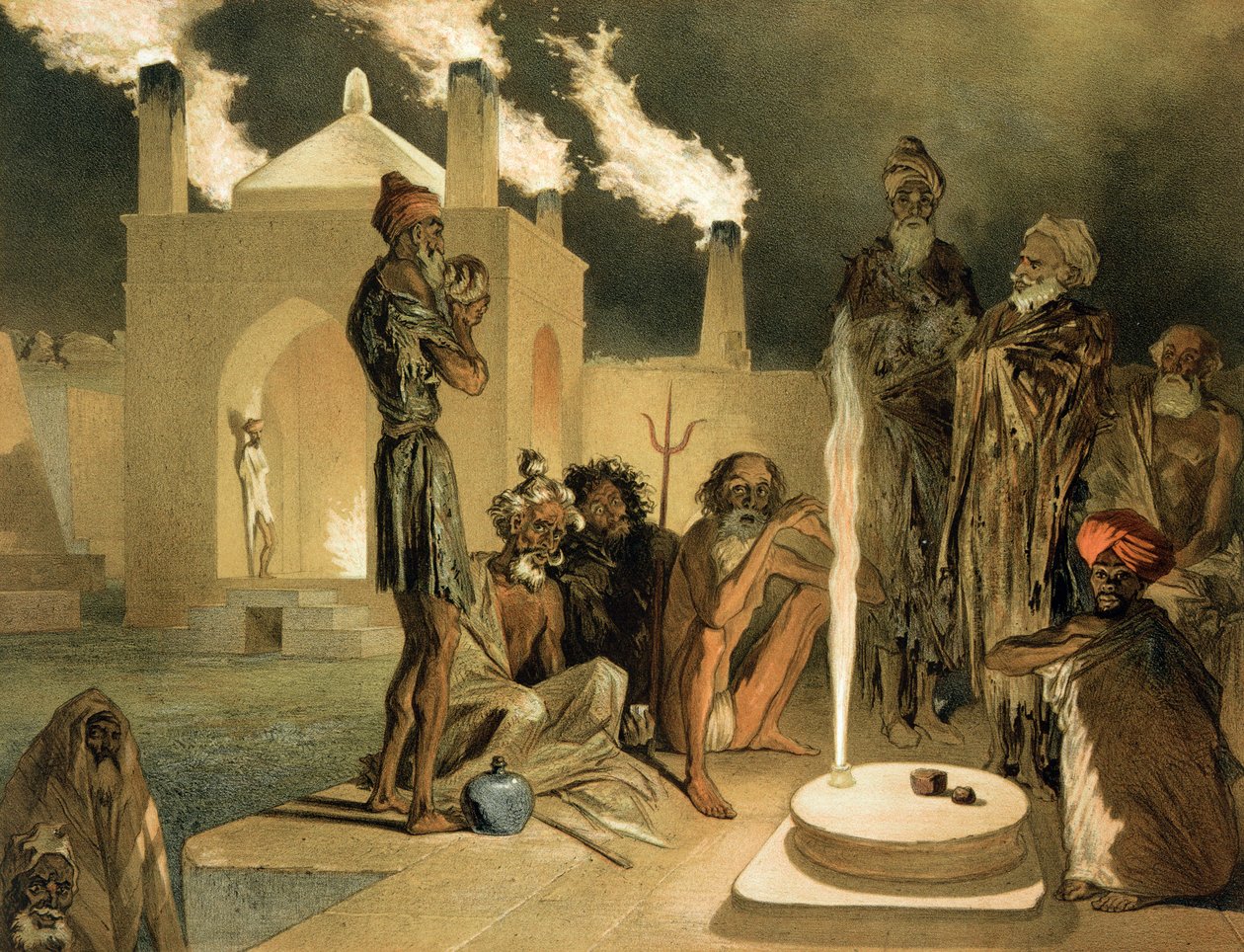 Ateseh-Gah, Inder, die dem Feuerkult gewidmet sind, Baku, Tafel 44 aus einem Buch über den Kaukasus, graviert von Leroux, veröffentlicht von Alfred Leon Lemercier, 1847 von Grigori Grigorevich Gagarin