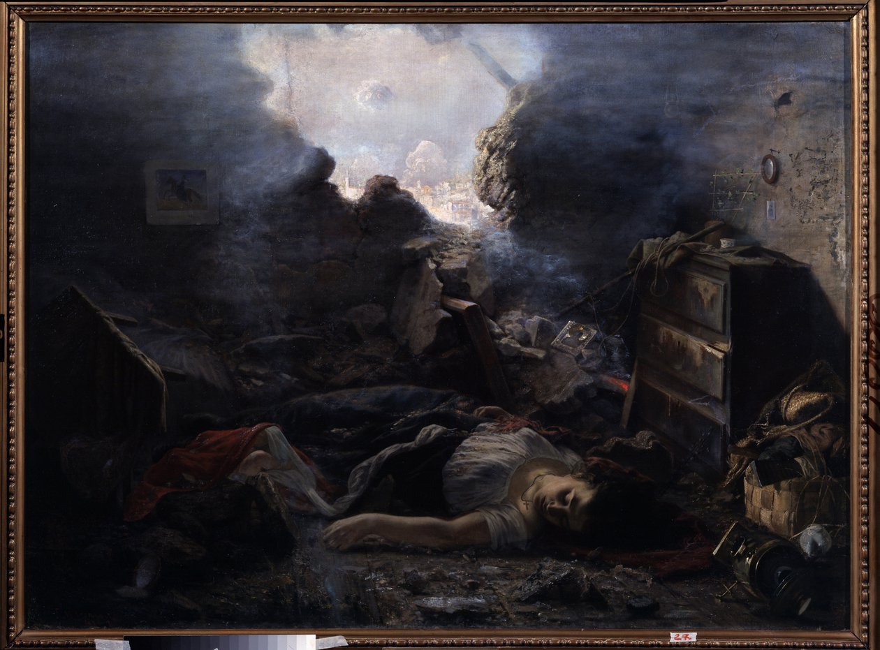 Die Belagerung von Sewastopol. Beschreibung der Gräueltaten des Krimkrieges (1853-1856), während der Belagerung von Sewastopol 1854. Die Leichen einer Frau und ihres Babys liegen auf dem Boden ihres Hauses mit abgerissener Wand von Grigori Grigoryevich Myasoedov