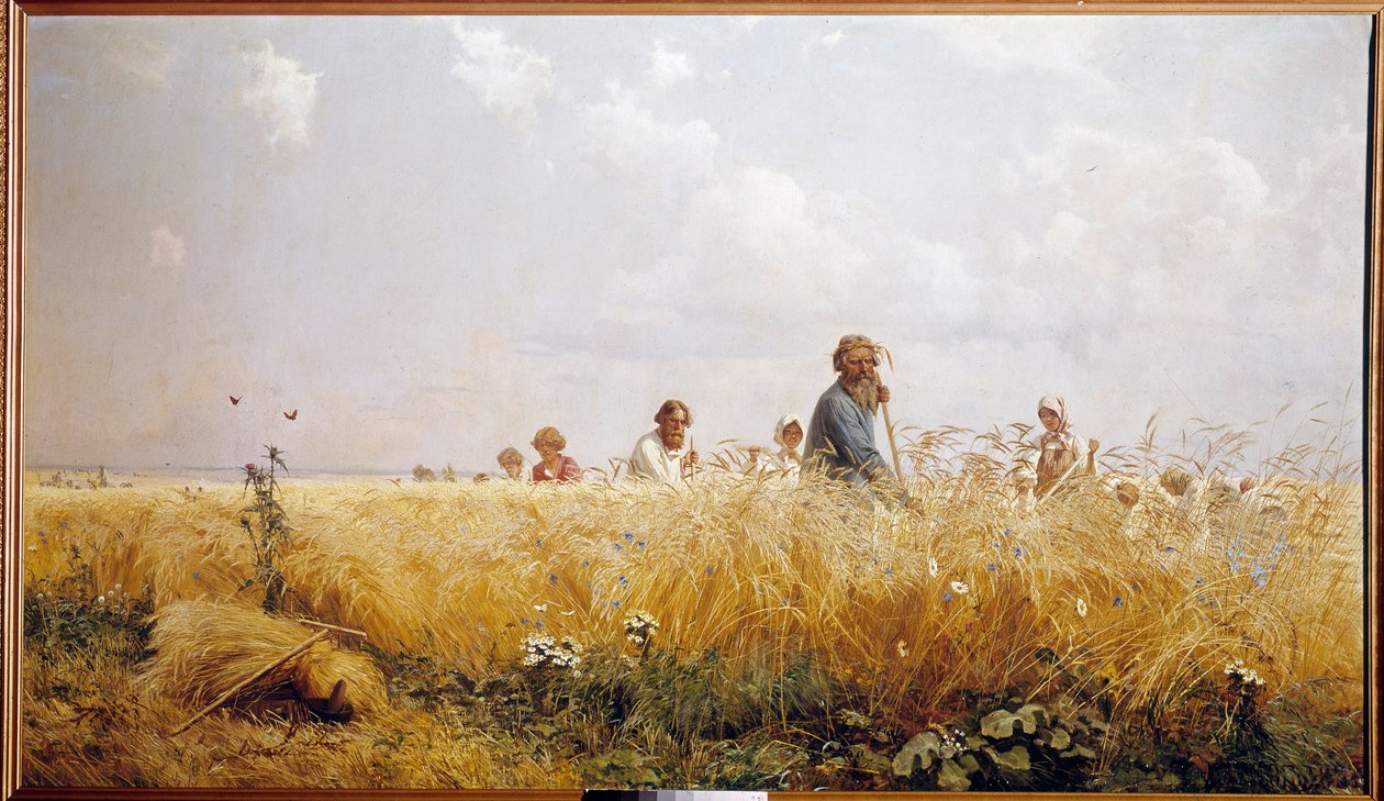 Ernte. Russische Bauern mähen das Getreide von Grigoriy Myasoyedov