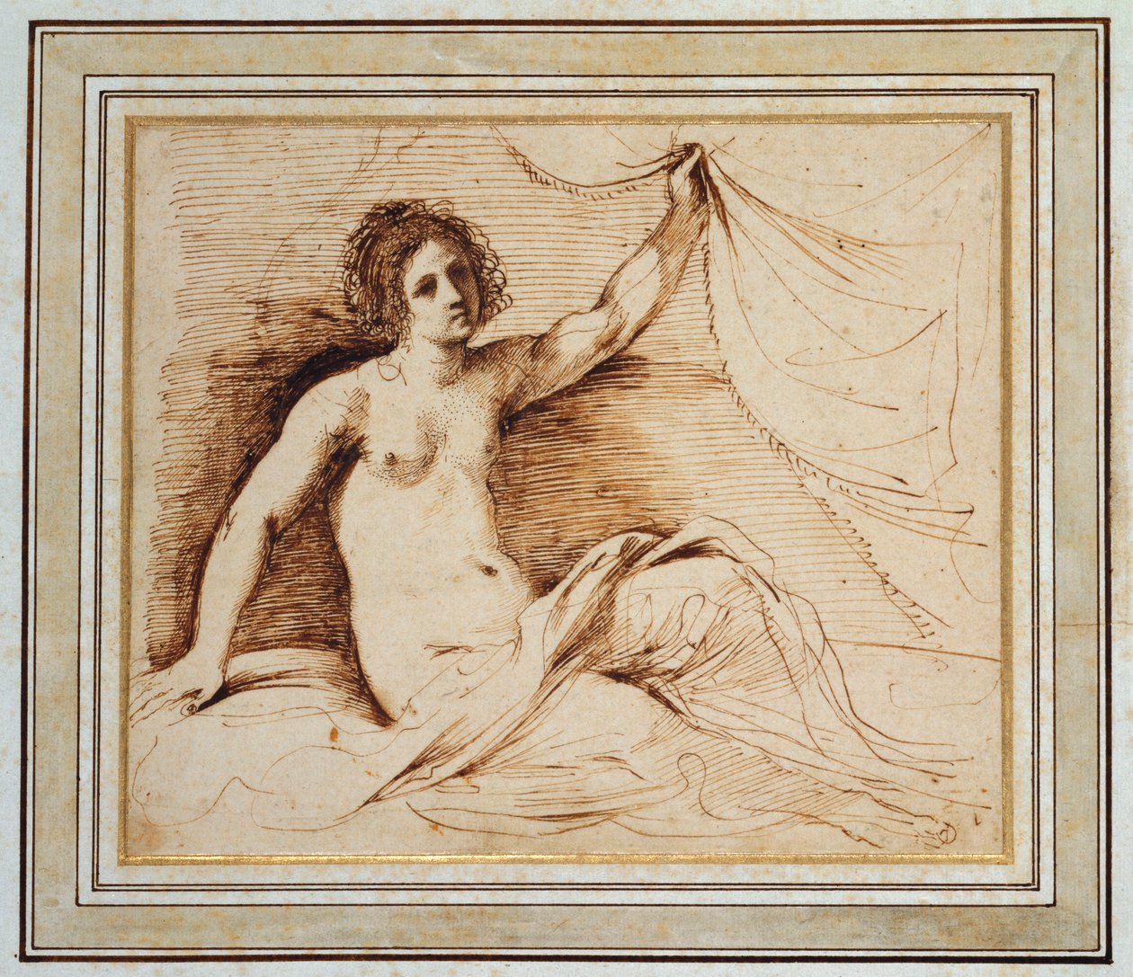 Eine liegende nackte Frau, die einen Vorhang hebt von Guercino