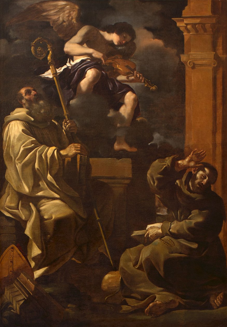 Heiliger Benedikt und Heiliger Franziskus hören einem Musikerengel zu von Guercino
