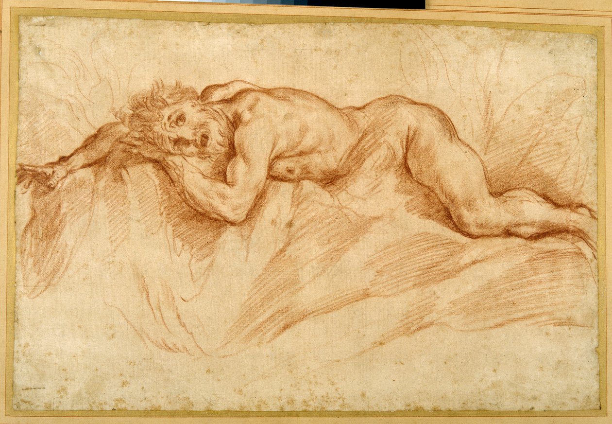 Ein verängstigter nackter Mann, der auf felsigem Boden liegt von Guido Reni