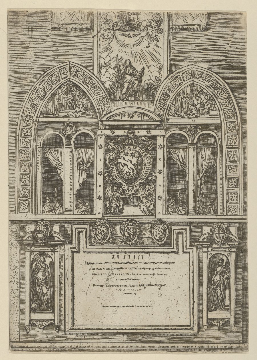 Fassade des Palazzo del Senato in Bologna mit den päpstlichen Wappen in der Mitte, mit temporären Dekorationen, 1598 von Guido Reni