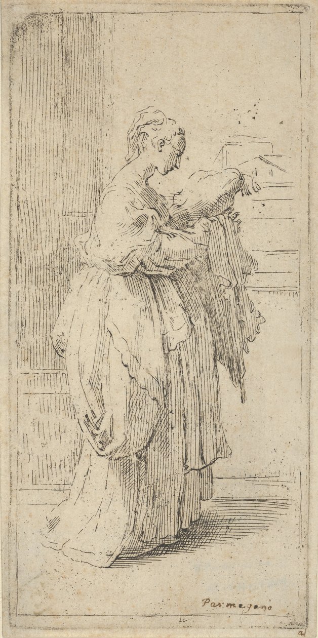 Mädchen, das ein Kissen trägt, im Profil nach rechts gesehen, 1590-1690 von Guido Reni