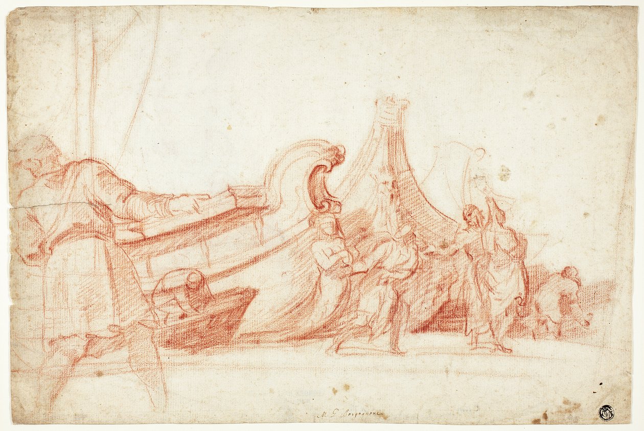 Hafenszene (recto); Zwei Skizzen männlicher Figuren (verso) von Guillaume Courtois
