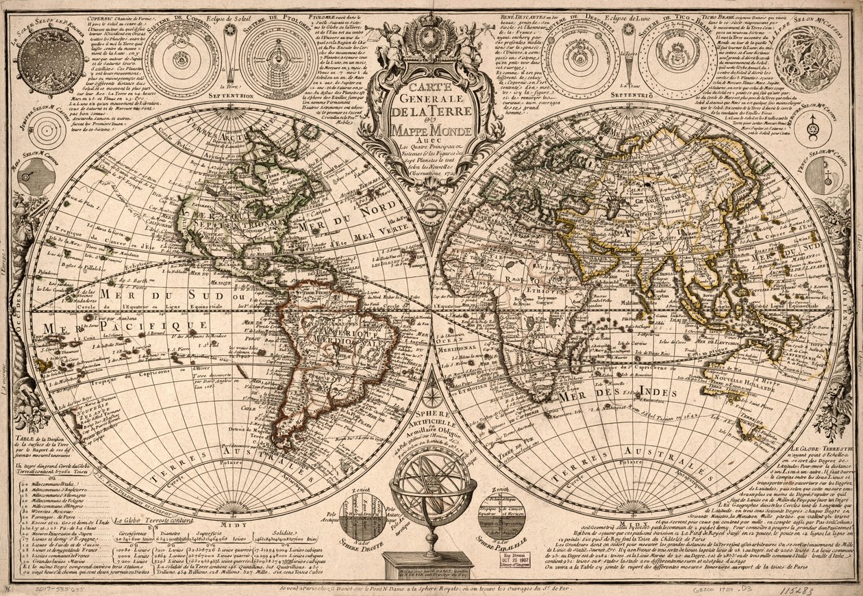 Allgemeine Karte der Erde - oder Weltkarte mit den vier Hauptsystemen und den Figuren der sieben Planeten von Guillaume Danet