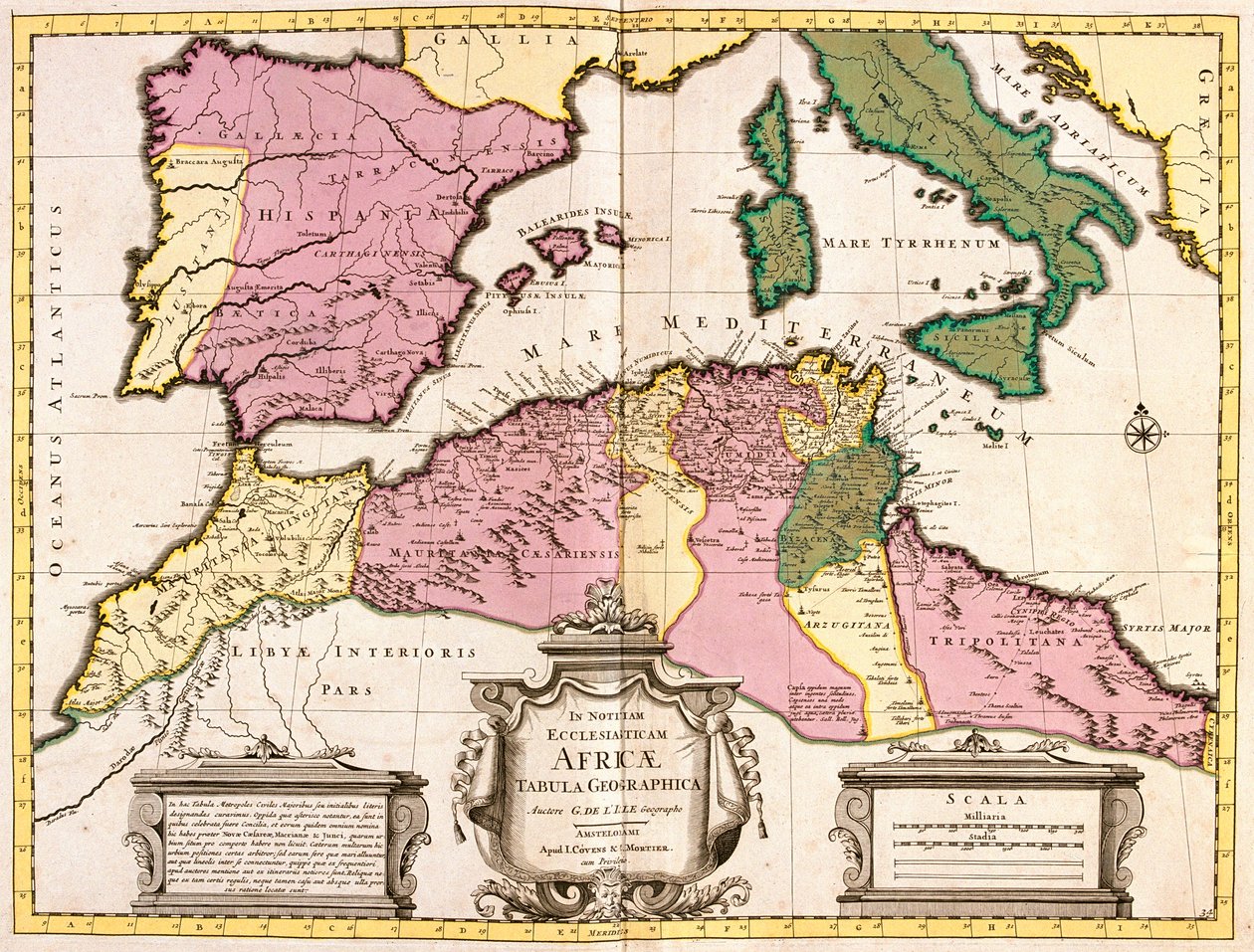Karte von Nordafrika (Mauretanien, Marokko, Algerien, Tunesien, Libyen) und Europa (Spanien, Portugal, Frankreich, Italien, Griechenland mit Balearen, Sardinien, Korsika und Sizilien) (Radierung) von Guillaume Delisle