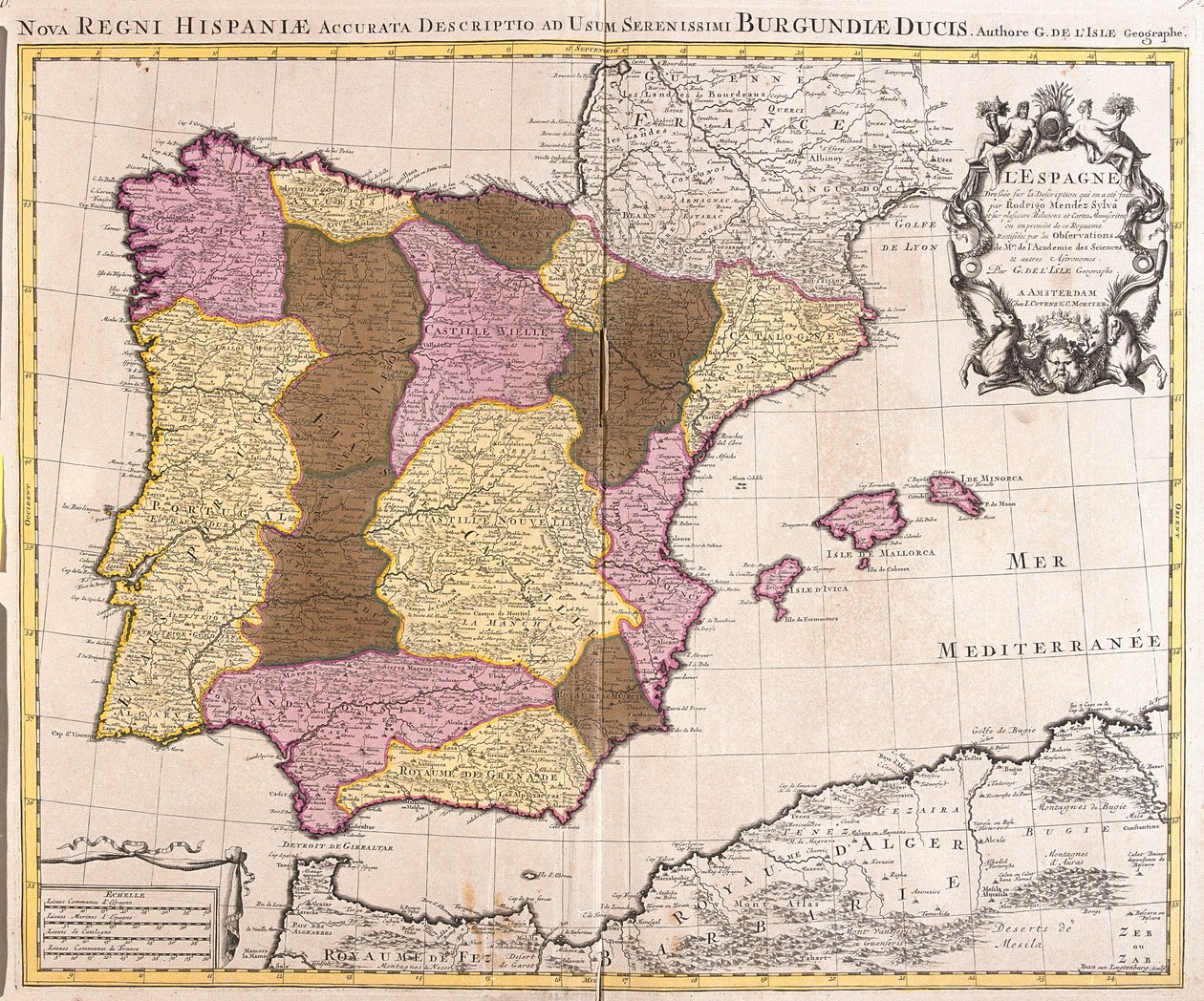 Karte der Iberischen Halbinsel, Königreiche Portugal und Spanien (Radierung) von Guillaume Delisle