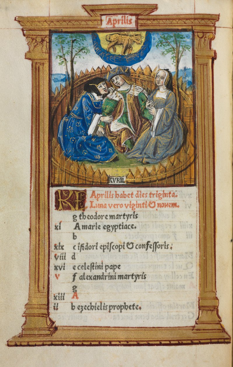 Gedrucktes Stundenbuch (Gebrauch von Rom): fol. 5v, April Kalenderillustration von Guillaume Le Rouge