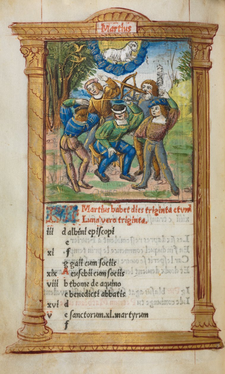 Gedrucktes Stundenbuch Gebrauch von Rom: fol. 4v, März Kalenderillustration, 1510 von Guillaume Le Rouge