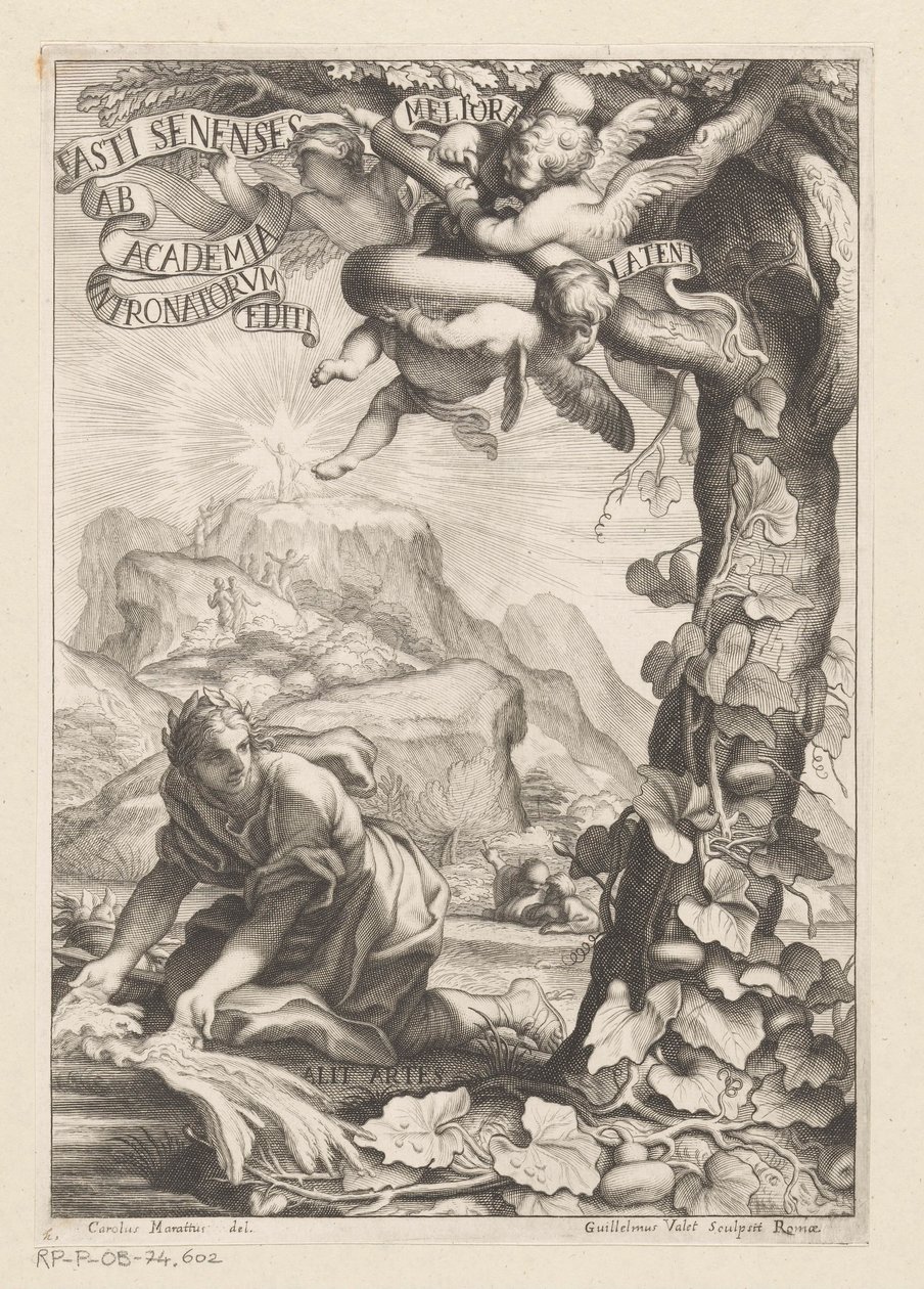 Allegorische Darstellung einer gekrönten Frau, die einen Kalebassenbaum gießt; im Hintergrund besteigen Figuren einen Berg (Titelblatt für: Giovanni Baptista Ferrari, Fasti Senenses, Ab Academia Intronatorum Editi, 1661) von Guillaume Vallet