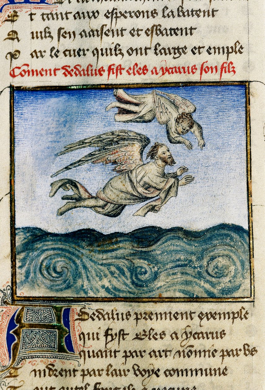 Dädalus und Ikarus. Um Minos zu entkommen, drängt Dädalus seinen Sohn Ikarus, mit seinen Wachflügeln zu fliegen. Miniatur von Guillaume Lorris aus dem Manuskript 