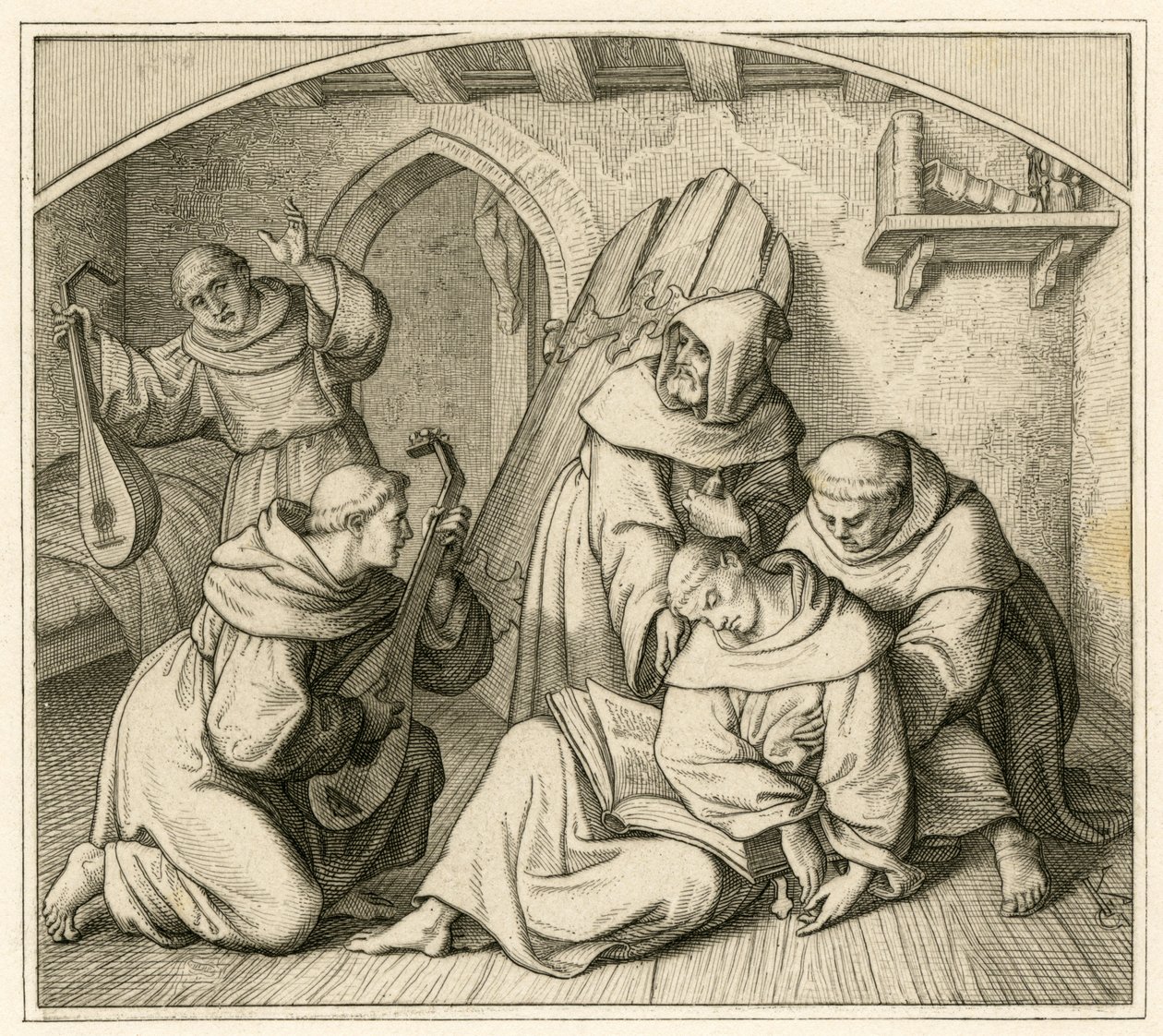 Martin Luther ist bewusstlos in seiner Klosterzelle, zusammen mit anderen Mönchen, die Laute spielen von Gustav Ferdinand Leopold Konig