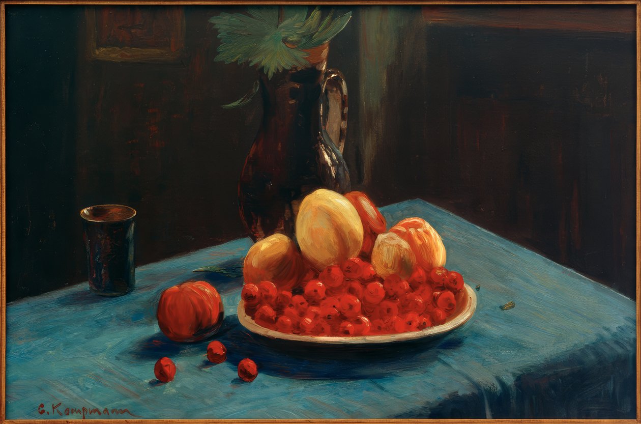 Fruchtstillleben auf blauer Tischdecke von Gustav Kampmann