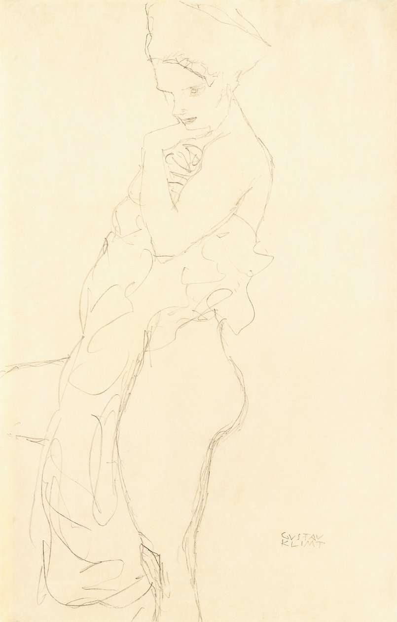 Stehender Akt links, hält ein Handtuch an den Körper, 1917 von Gustav Klimt