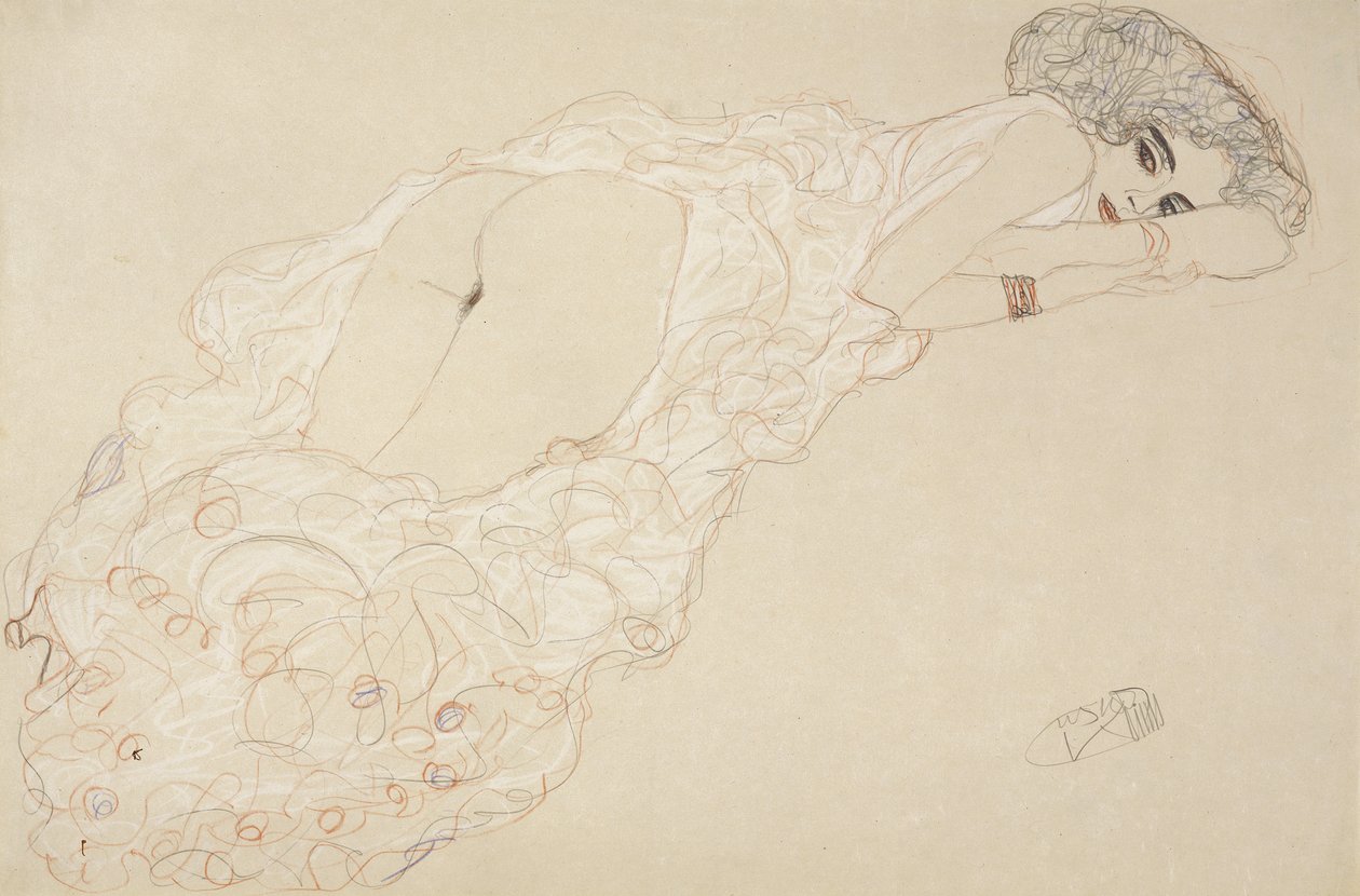 Liegender Akt auf dem Bauch und nach rechts blickend von Gustav Klimt