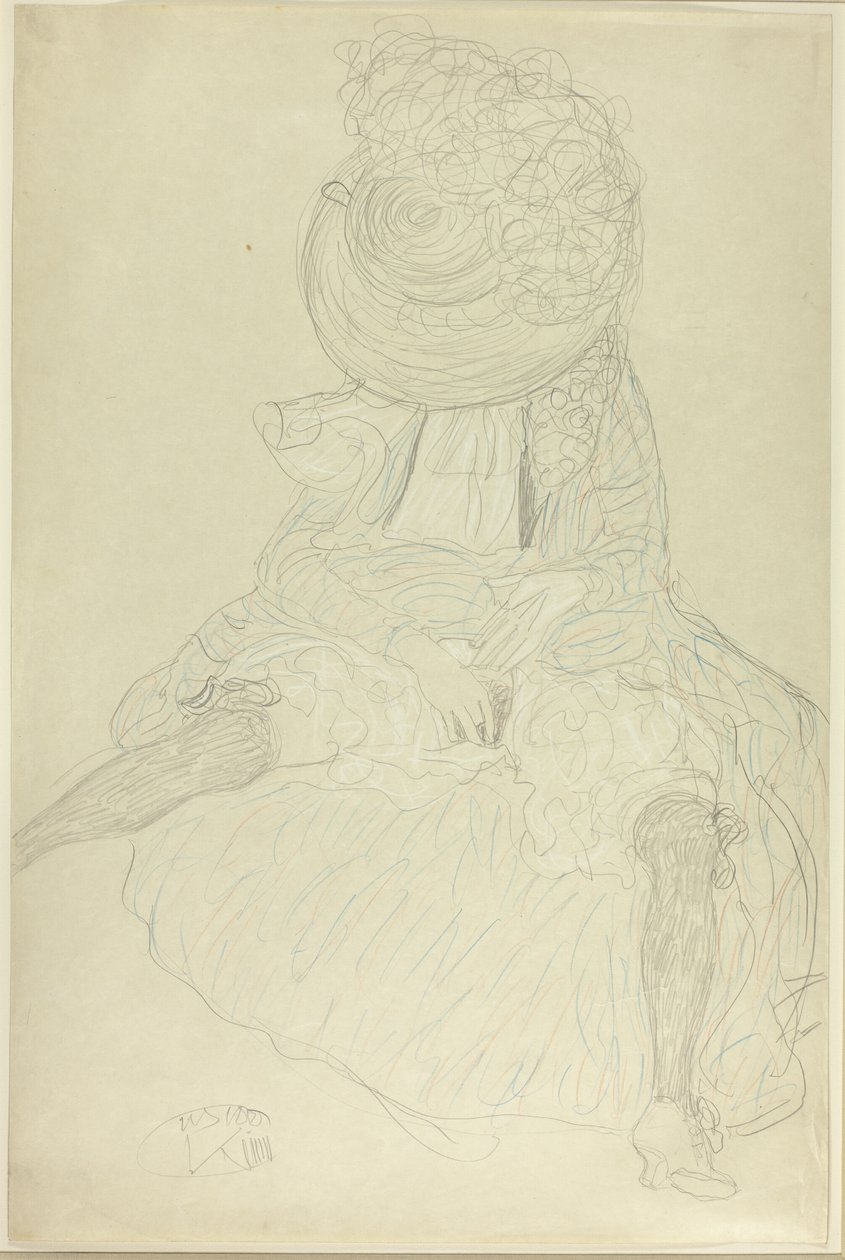 Sitzende Frau von vorne mit Hut, Gesicht verhüllt von Gustav Klimt