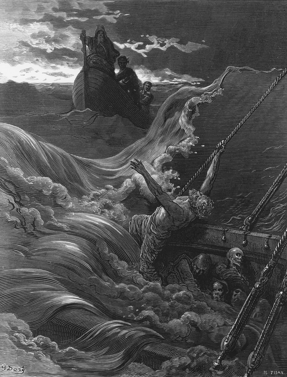 Der Seefahrer sieht, während sein Schiff sinkt, das Boot mit dem ...