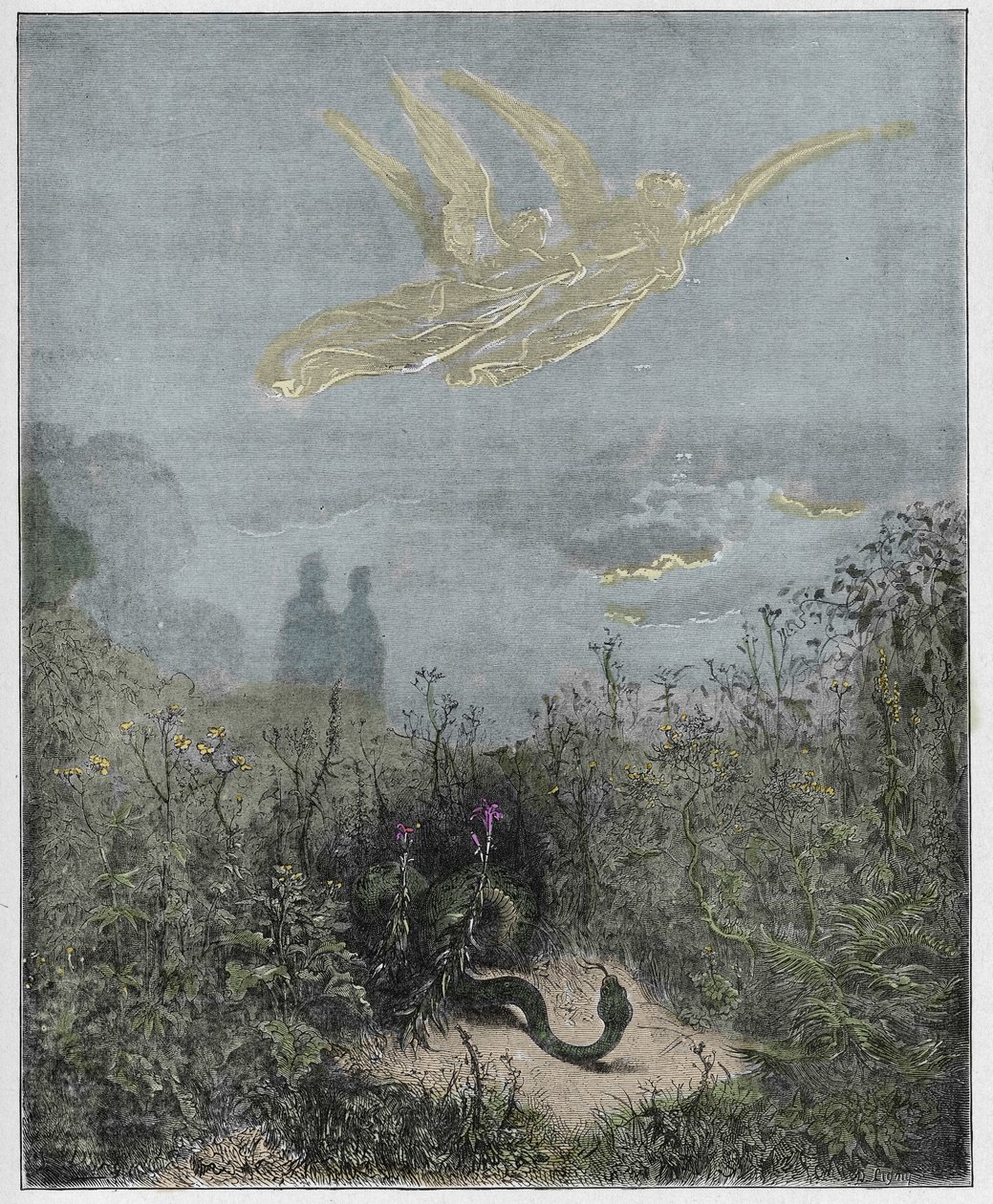 Purgatorio, Gesang 8: Die Engel vertreiben die Schlange, Illustration aus Die Göttliche Komödie von Dante Alighieri, 1885 (digital kolorierte Gravur) von Gustave after Dore