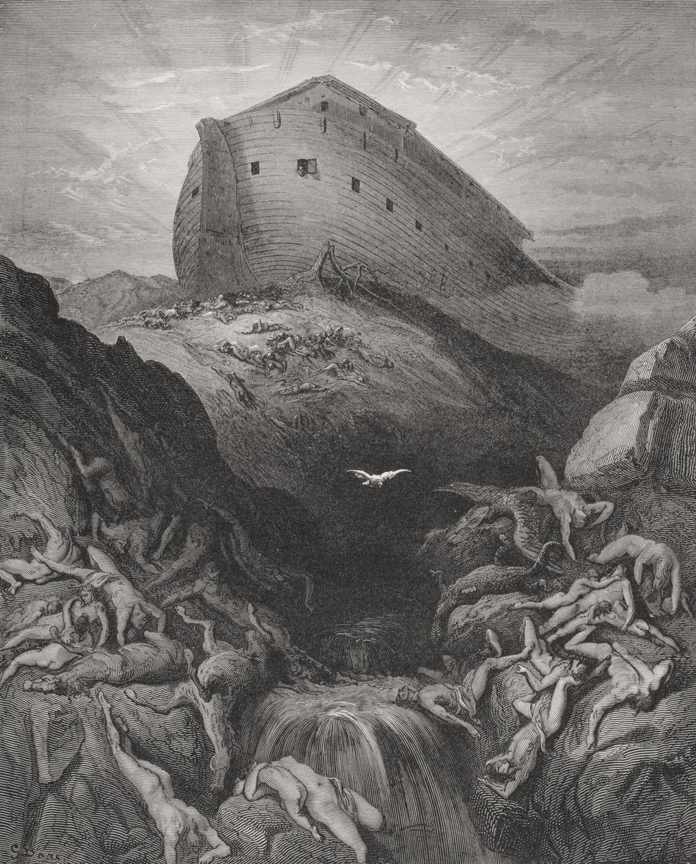 Die Taube wird aus der Arche gesandt, Genesis 13:8-9, Illustration aus Dorés 