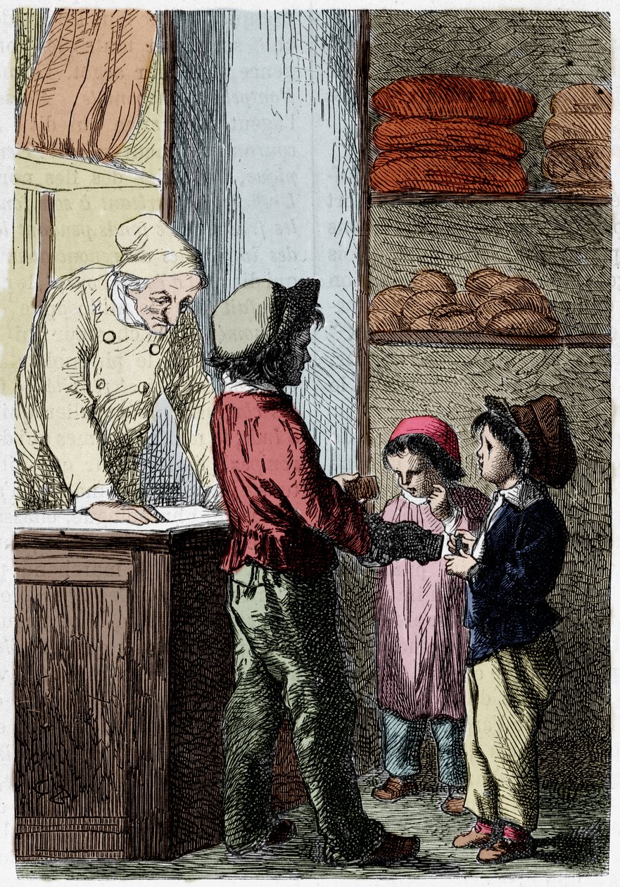 Gavroche gibt Kindern Brot - in Les Misérables von Victor Hugo, illustriert von Brion, ed. Hetzel und Lacroix von Gustave Brion
