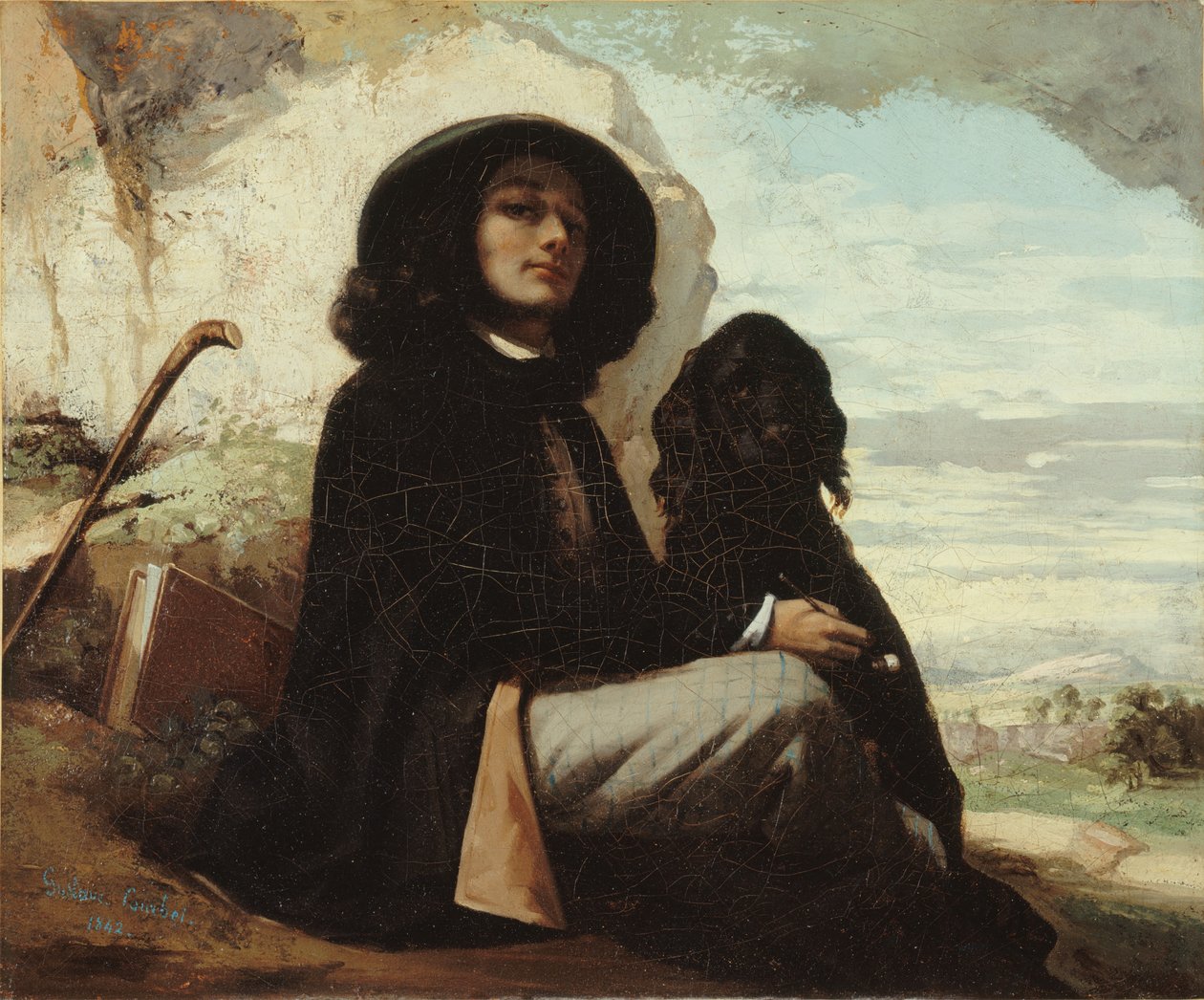 Selbstporträt genannt Courbet mit schwarzem Hund von Gustave Courbet