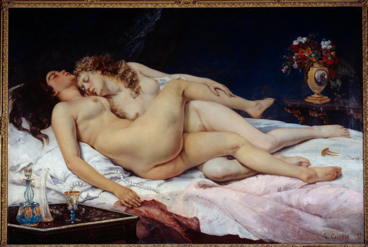 Schlaf. Zwei nackte Frauen umarmt in einem Bett von Gustave Courbet