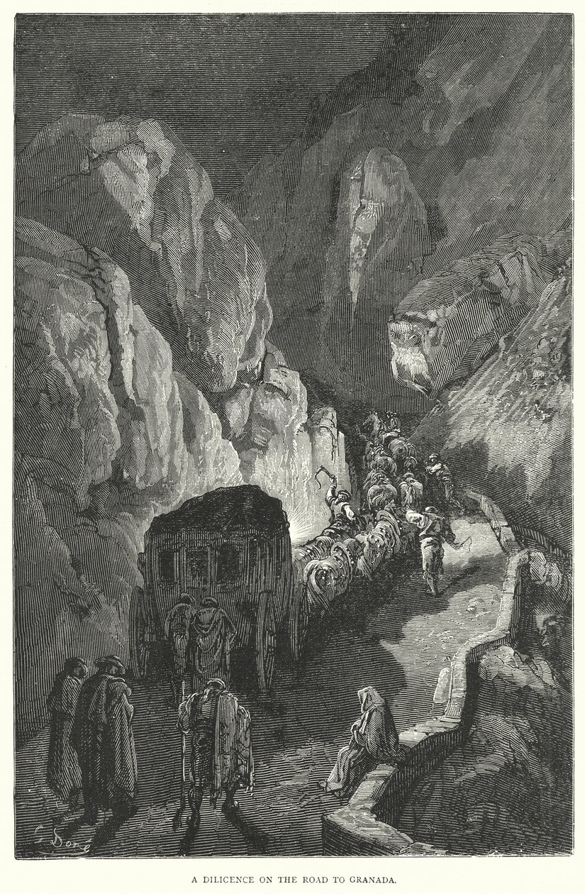 Eine Postkutsche auf dem Weg nach Granada von Gustave Dore