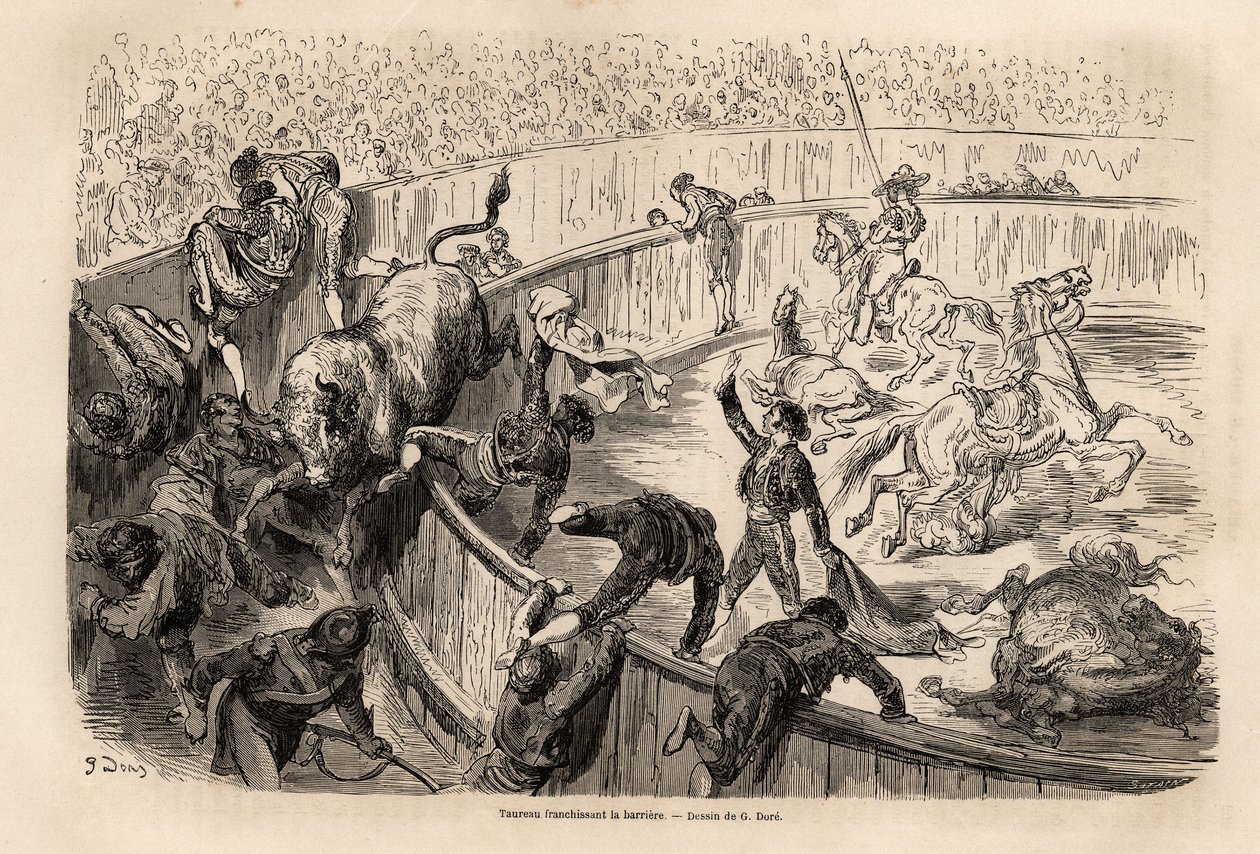 Ein Stier überquert die Barriere während eines Stierkampfes in Valencia von Gustave Dore