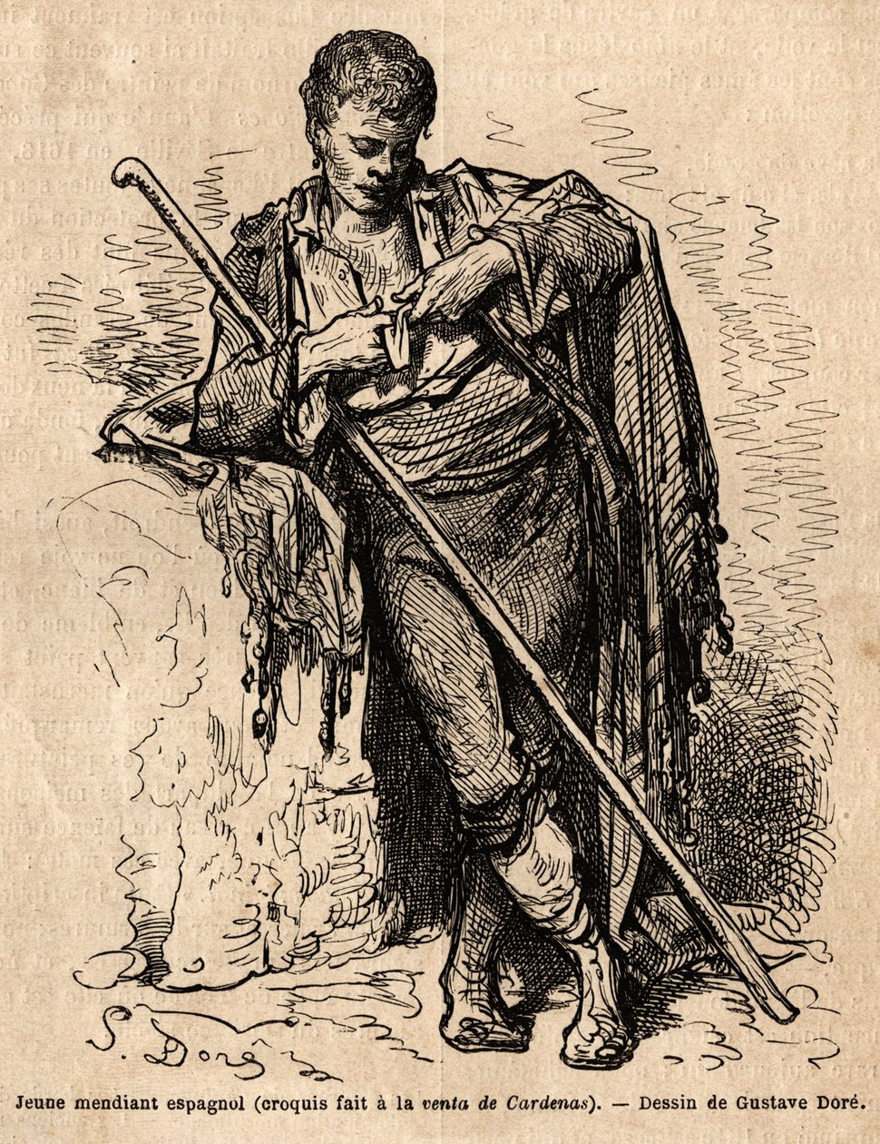 Ein junger Bettler, a la vente de Cardenas, ein Gasthaus an der Straße von Almaden (Provinz des Ärmelkanals). Skizze nach dem Leben von Gustave Dore (1832-1883). Gravur zur Illustration der Reise nach Spanien, im Jahr 1862 von Charles Davillier und Gustave von Gustave Dore