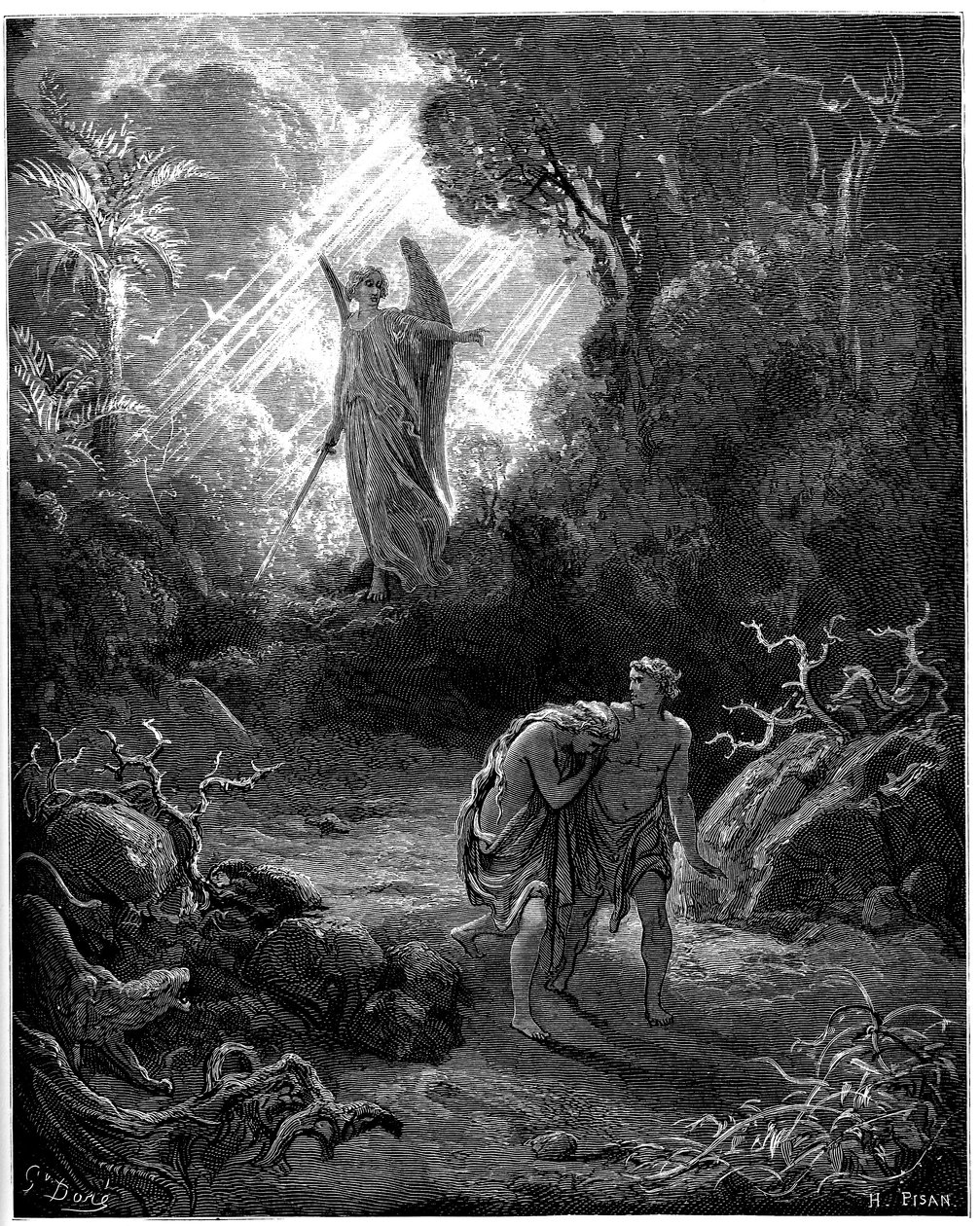 Adam und Eva werden aus dem Paradies vertrieben - Illustration von Gustave Doré für die Bibel von Gustave Dore