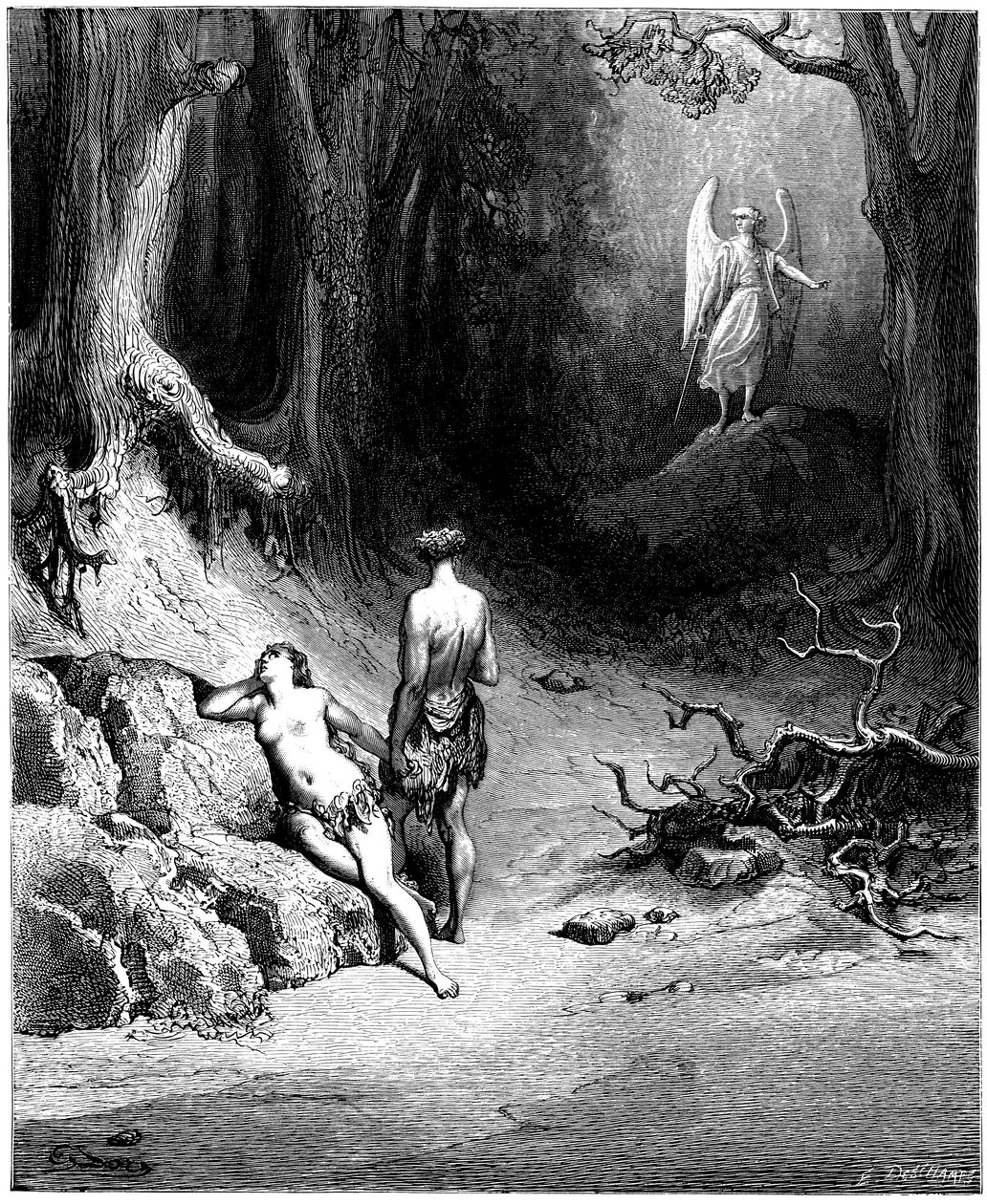 Adam und Eva werden aus dem Paradies vertrieben. Illustration von Gustave Doré für „Das verlorene Paradies“ von John Milton (1608-1674). Gravur von 1866. Private Sammlung von Gustave Dore