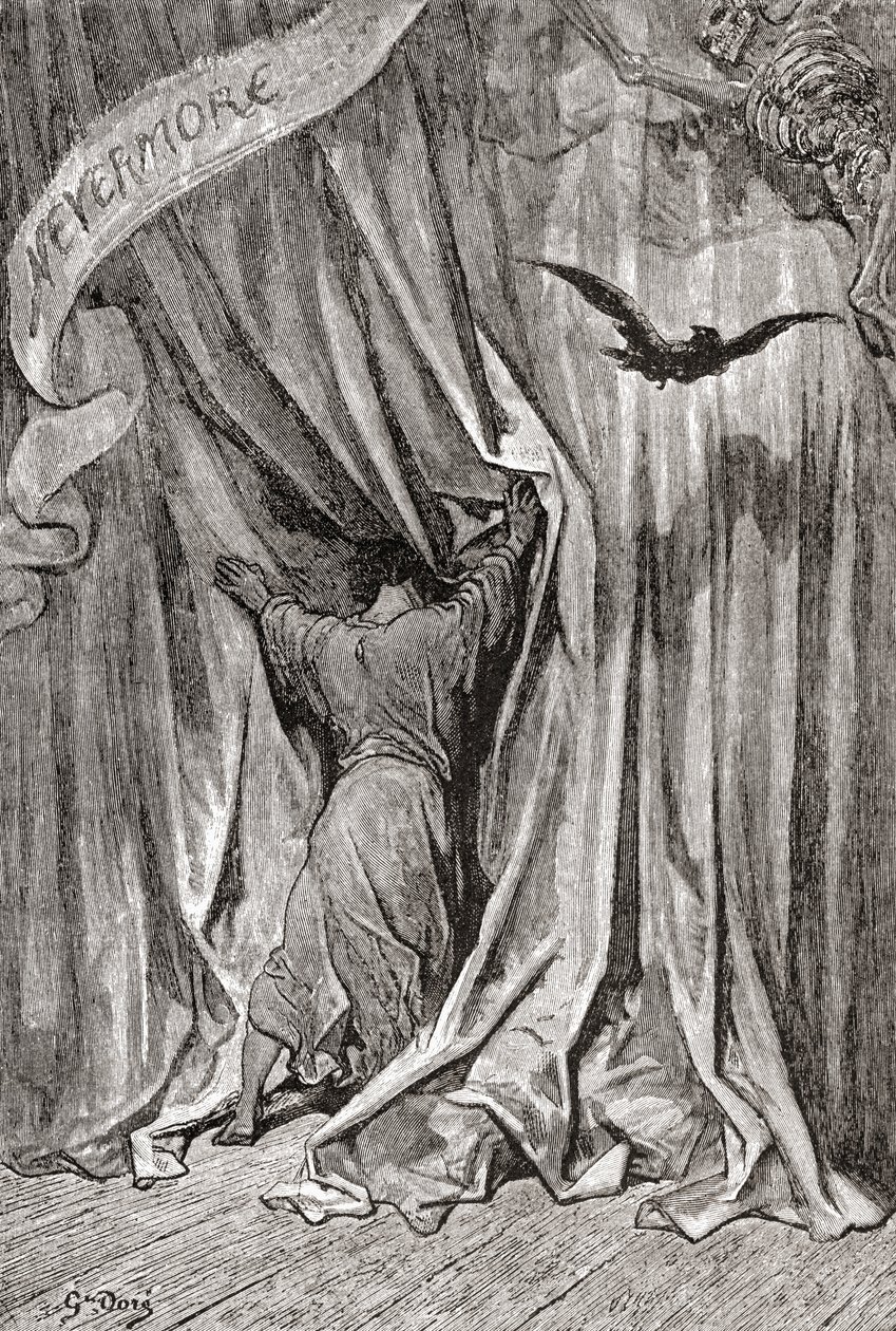 Nach einer Zeichnung von Gustave Doré für Edgar Allan Poes Gedicht Der Rabe. Aus Leben und Erinnerungen von Gustave Doré, veröffentlicht 1885. von Gustave Dore