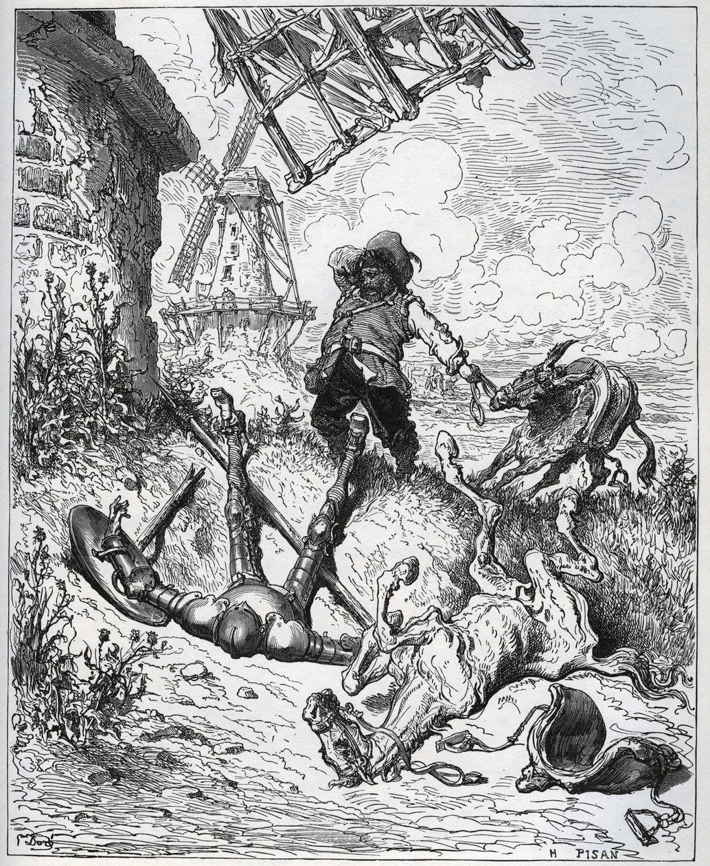 Nach dem Angriff auf die Windmühlen - „Misericorde! Sancho“ - aus „Don Quixote de la Mancha“ von Miguel Cervantes (1547-1616) - Holzschnitt nach einer Zeichnung von Gustave Doré von Gustave Dore